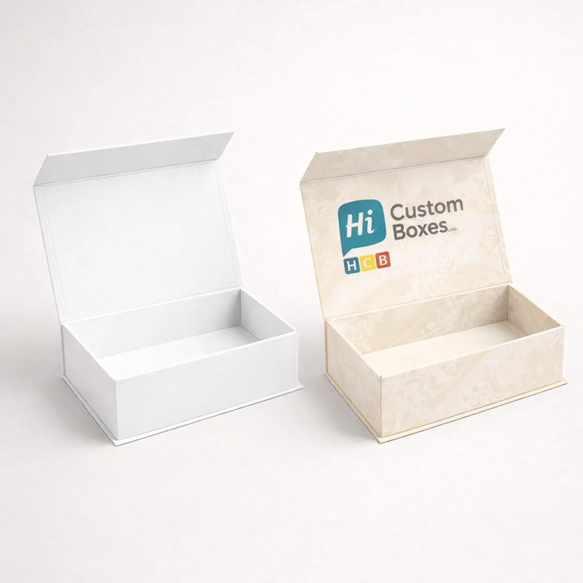 Two open magnetic-closure rigid boxes- one plain white and one with a sophisticated cream floral pattern-